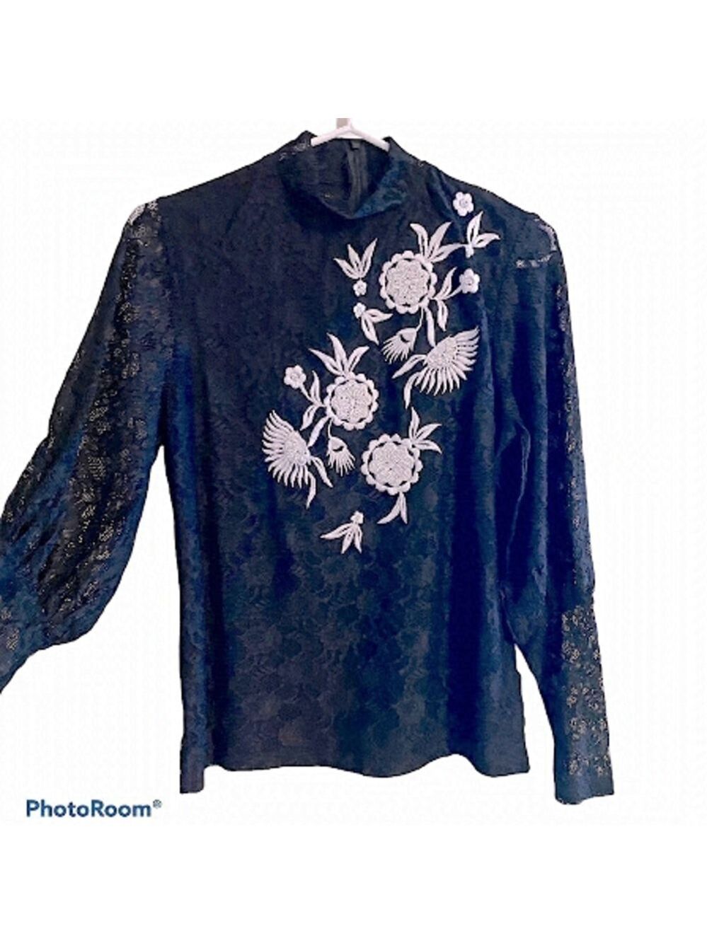TOPSHOP Lace Blouse. Beaded front, lace puffed sleeve.